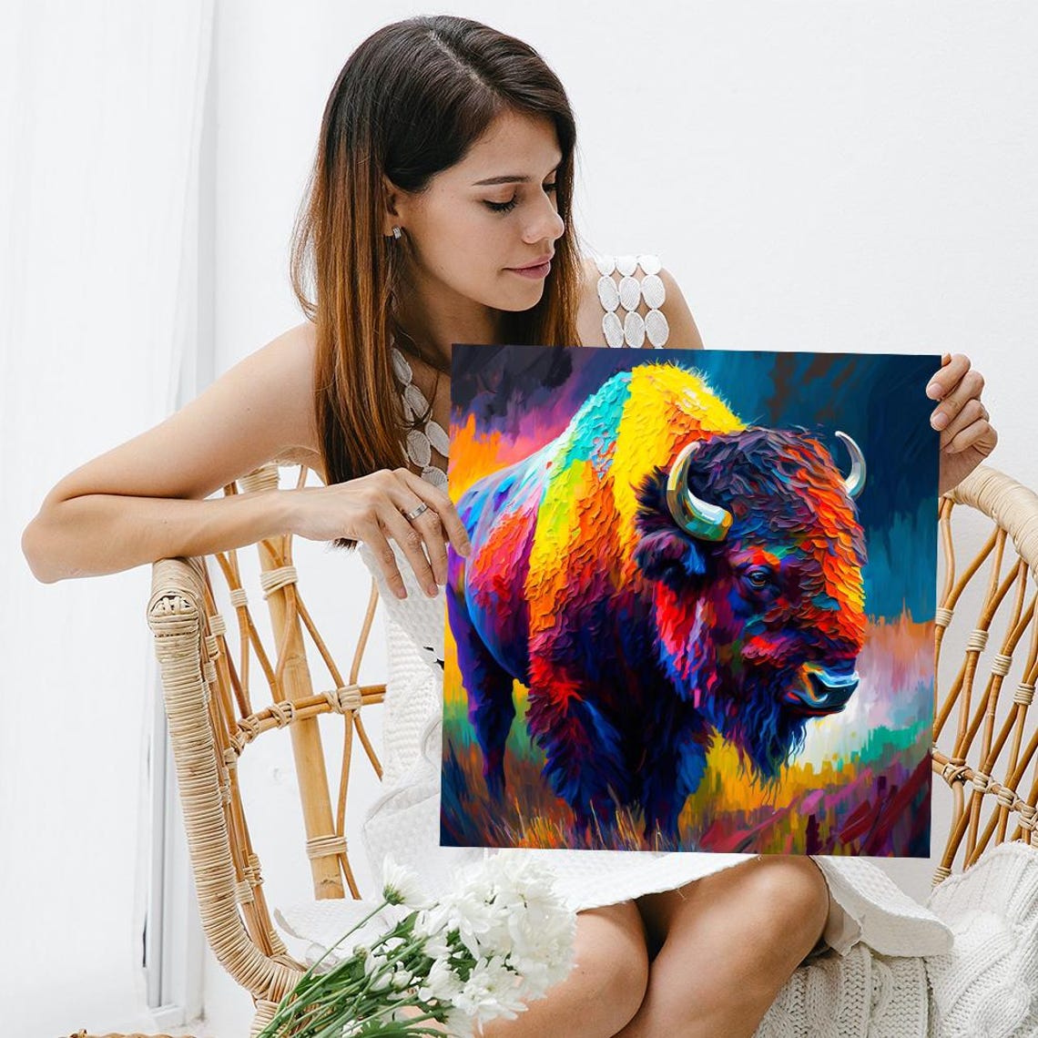 Rainbow Bison Buffalo Impasto Oil Style Colorful Wildlife Poster - Image 3