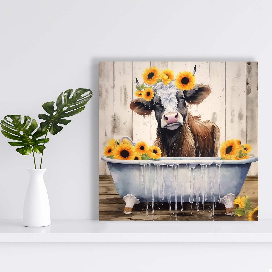 Highland Cow Bathing With Sunflowers Bathtub Rustic Farmhouse Poster - Image 2