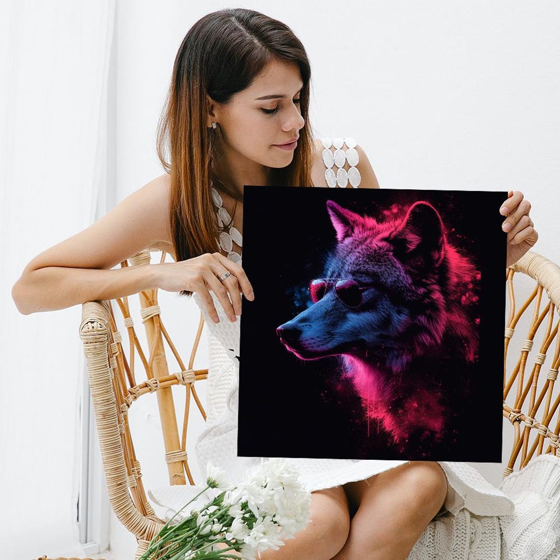 Neon Wolf Sunglasses Cool Pink Blue Black Pop Modern Wall Poster - Image 3