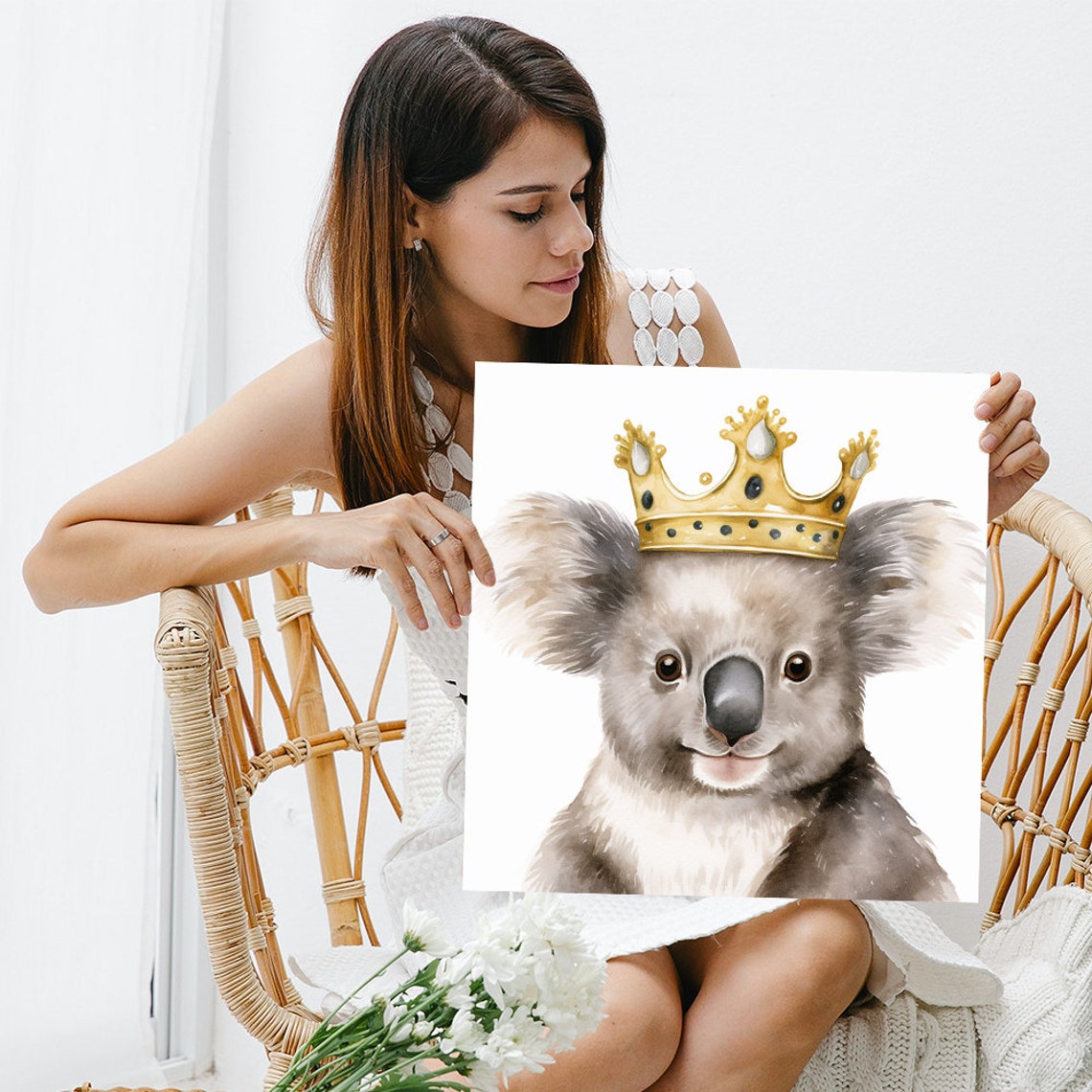 Koala Wearing Golden Crown Royal Watercolor Portrait Nursery Poster - Image 3