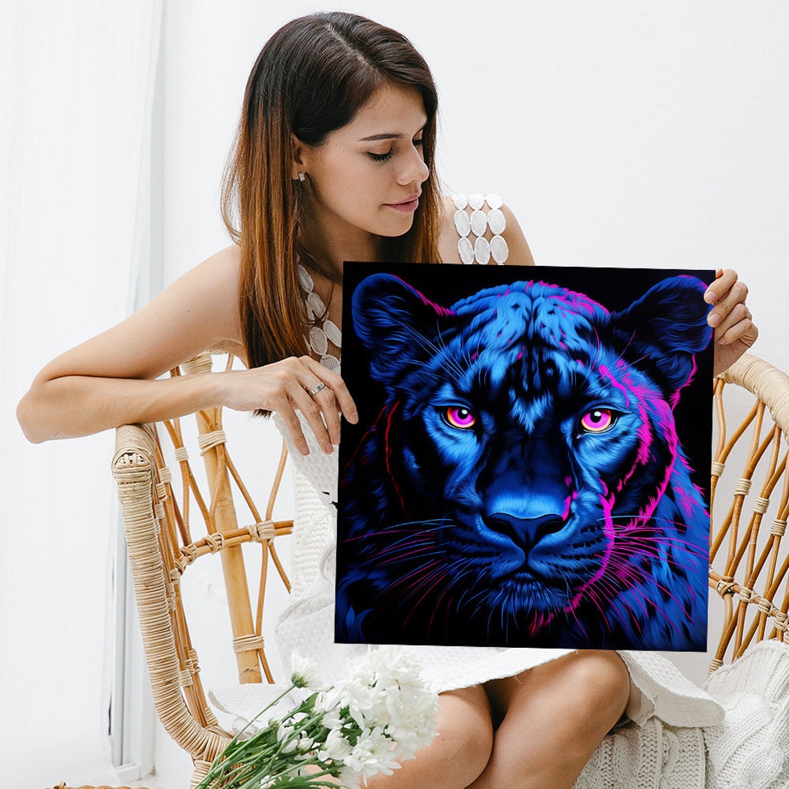 Neon Blue Black Panther Pink Eyes Intense Gaze Modern Animal Poster - Image 3