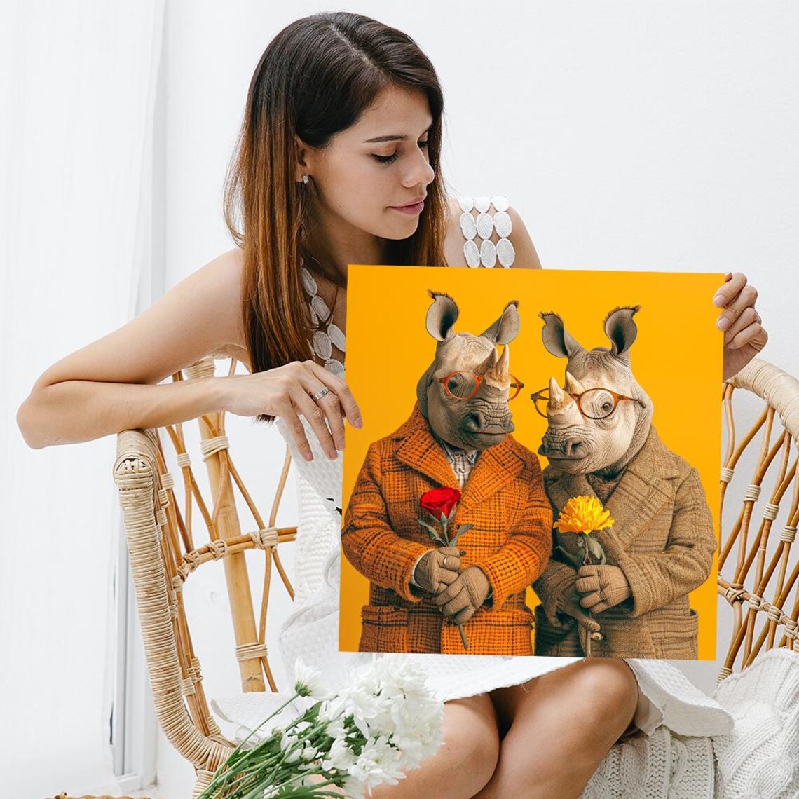Rhinoceros Duo Whimsical Animal Wall Art Print - Image 3