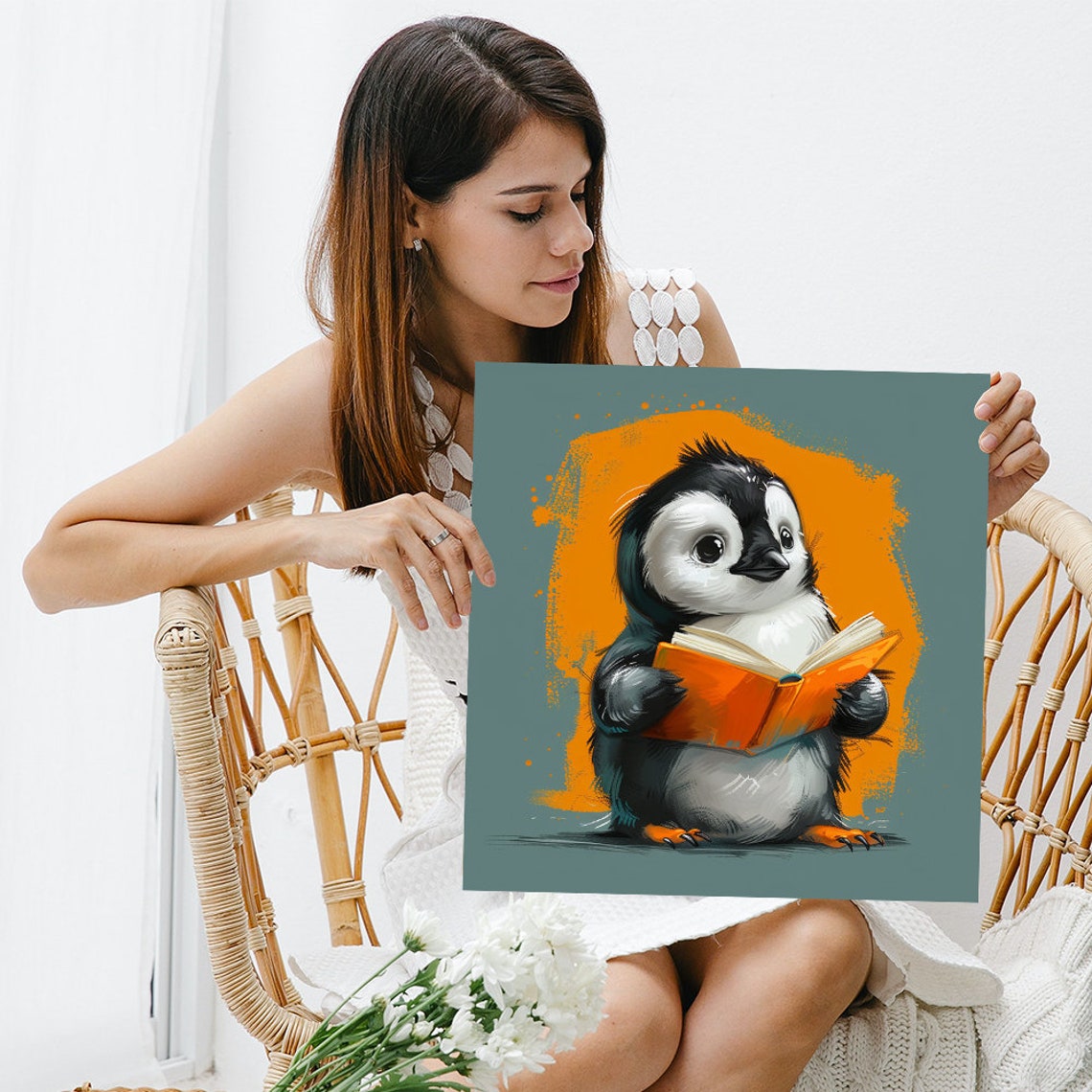 Baby Penguin Reading Orange Book Teal Kids Nursery Wall Poster - Image 3