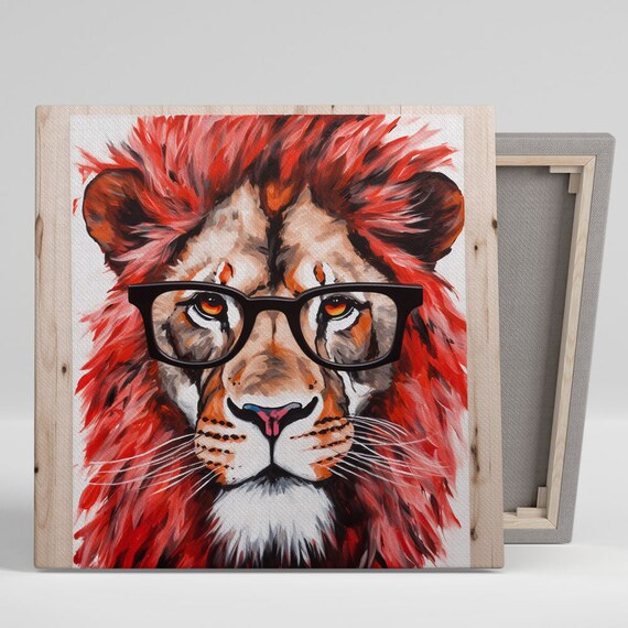Lion Wearing Black Glasses Red Mane Quirky Funny Animal Art Poster
