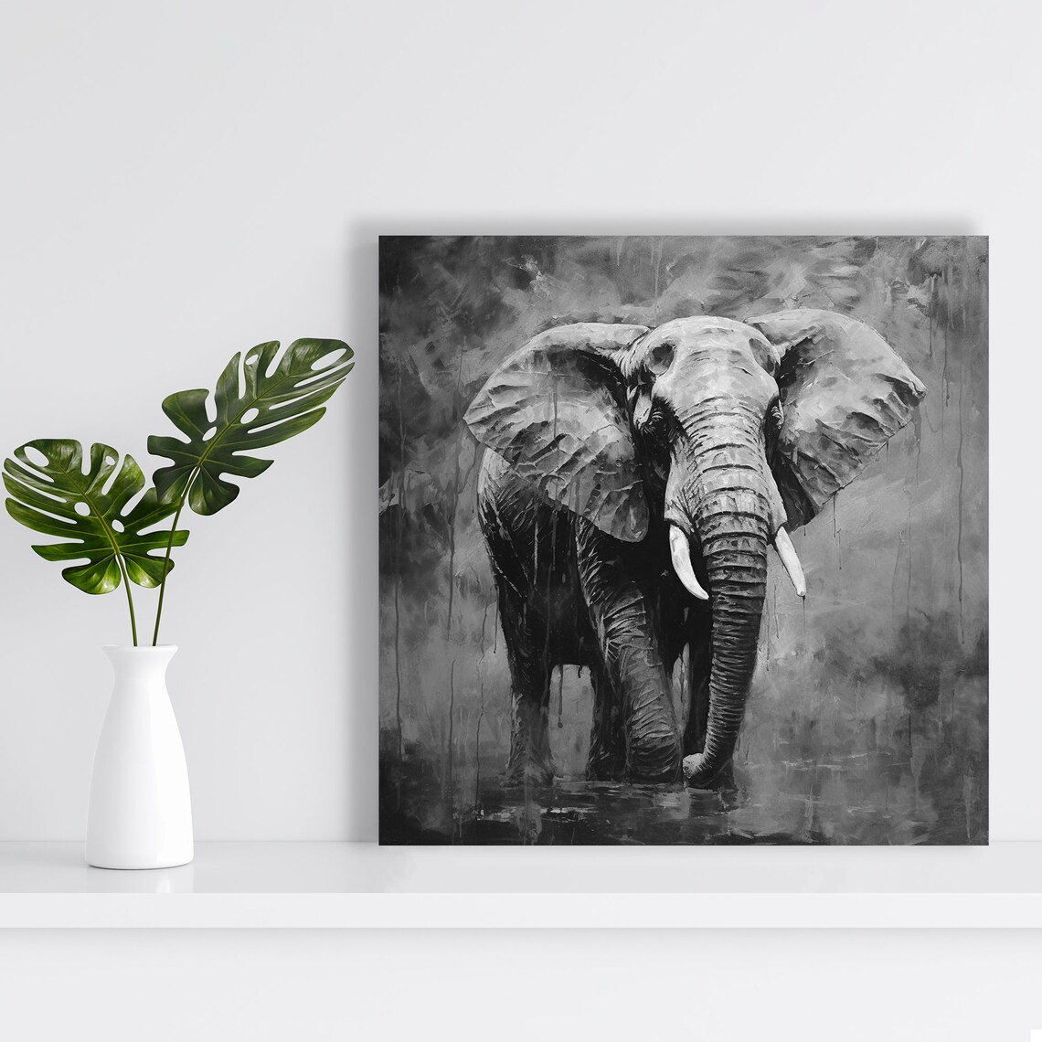 Majestic Elephant in Black and White Misty Wildlife Art Poster - Image 2