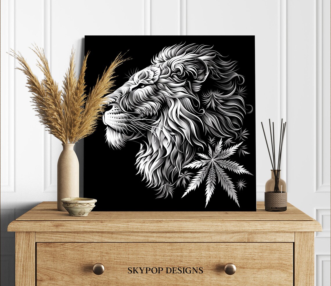 Lion Profile White Engraving Style Black Background Majestic Animal Poster - Image 2