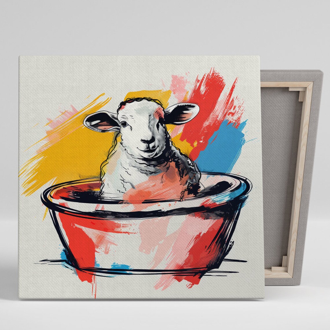 Sheep in Colorful Paint Tub Whimsical Farmhouse Animal Portrait Poster