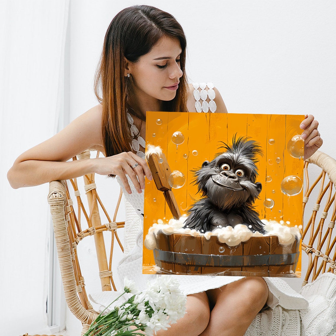 Gorilla Bath Time Cartoon Wooden Tub Bubbles Orange Wall Art - Image 3