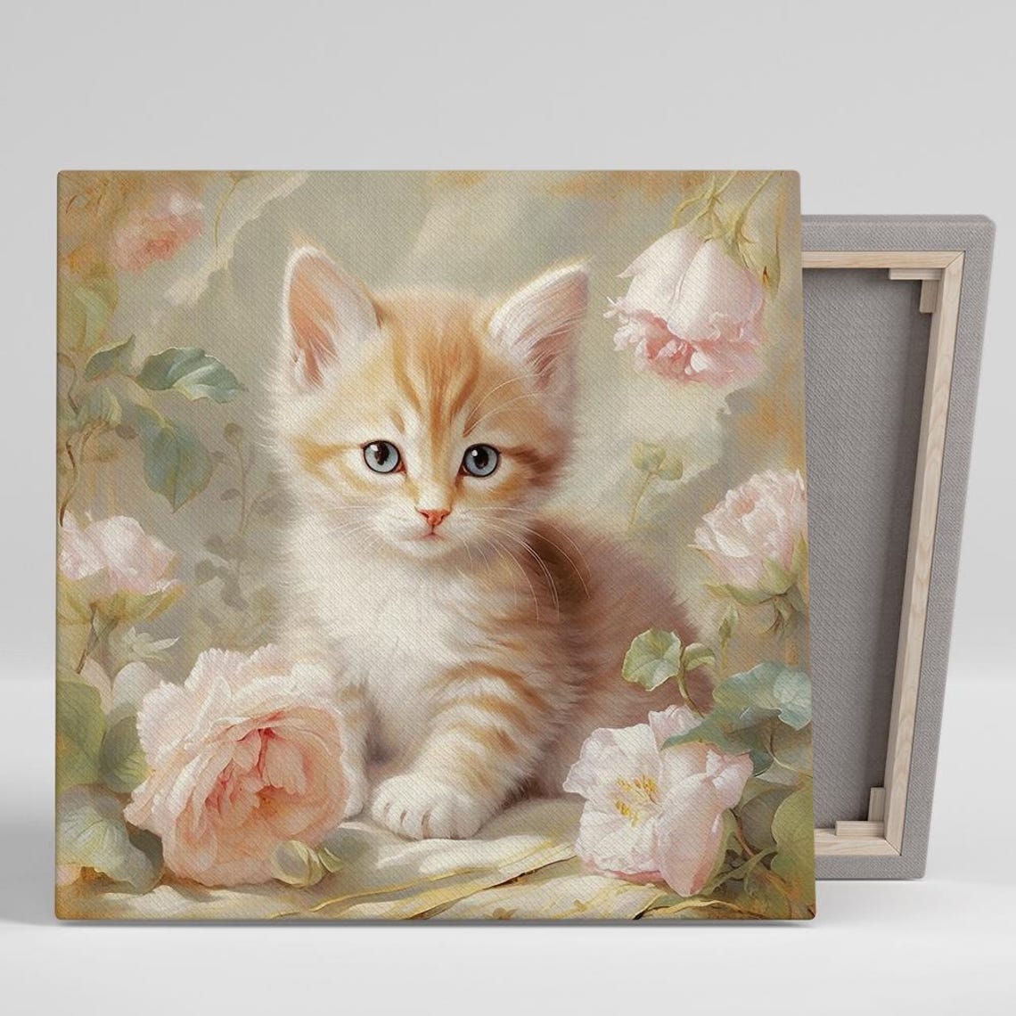 Ginger Kitten Pink Roses Vintage Floral Soft Romantic Cat Art Poster