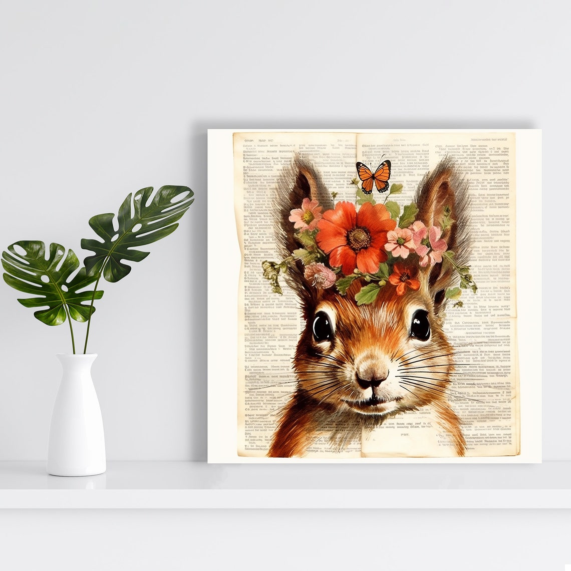 Squirrel Flower Crown Butterfly Vintage Book Page Nursery Poster - Image 2