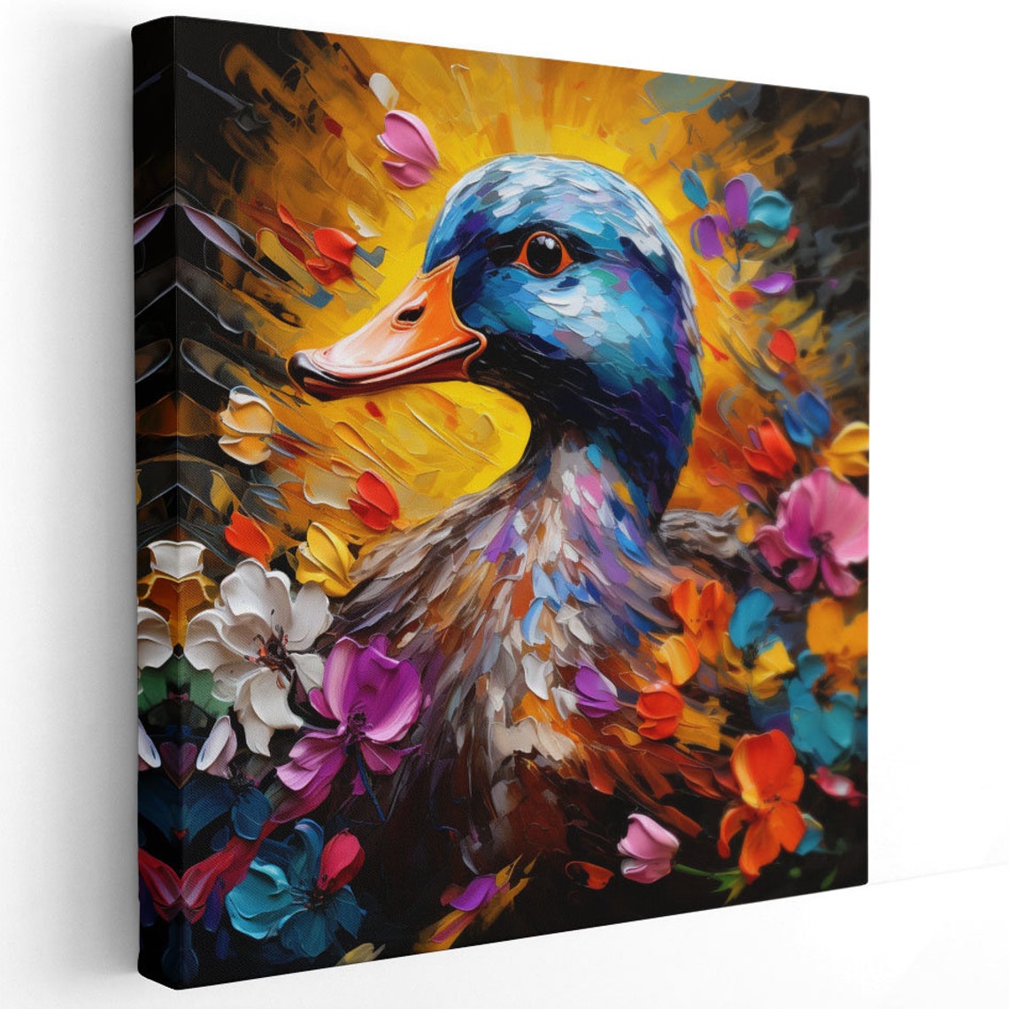 Colorful Duck Portrait Among Bright Flowers Impasto Bird Canvas Poster - Image 3