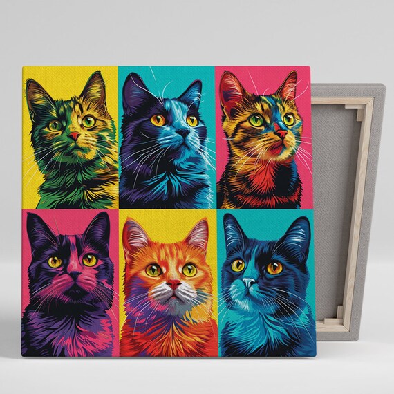 Pop Art Six Cat Faces Grid Bold Neon Colors Modern Feline Portrait Poster