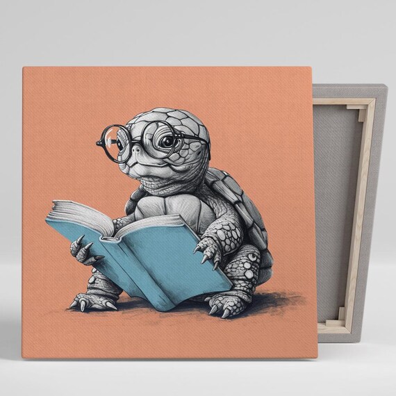 Clever Baby Turtle With Glasses Reading Book Minimalist Art Poster