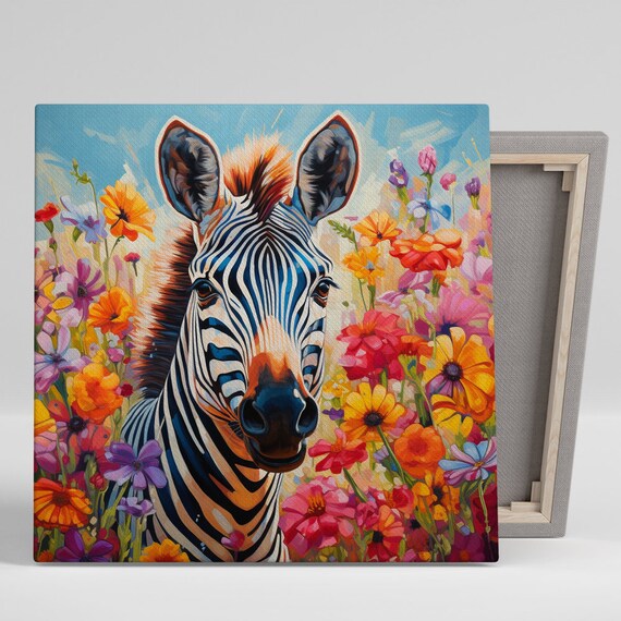 Zebra Among Blooming Wildflowers Colorful Meadow Portrait Wall Poster