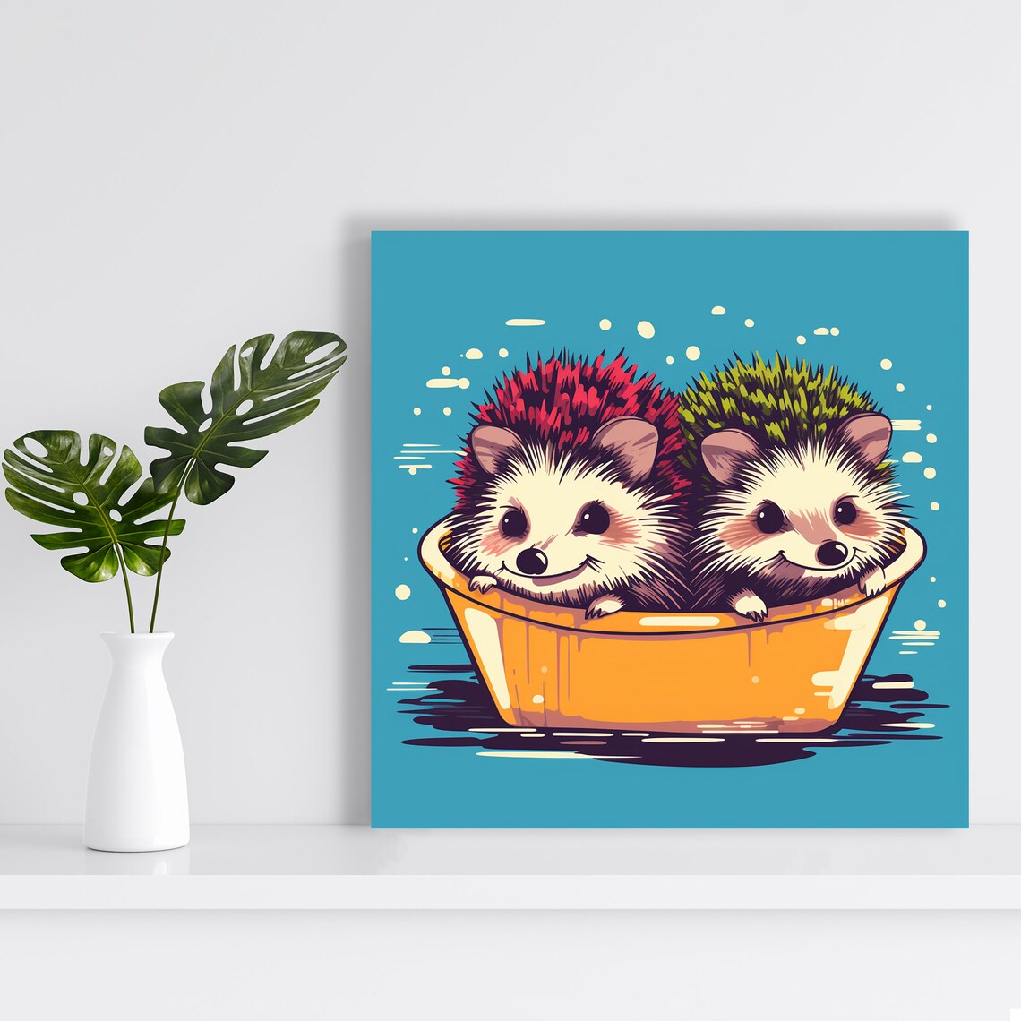 Two Hedgehogs Bathing Orange Tub Colorful Pop Art Teal Background Poster - Image 2