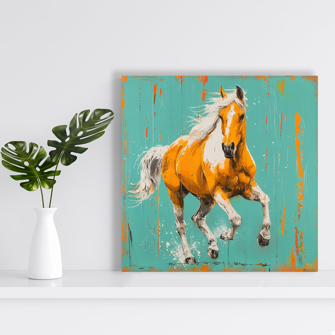 Galloping Palomino Horse Teal Background Rustic Energy Animal Poster - Image 2
