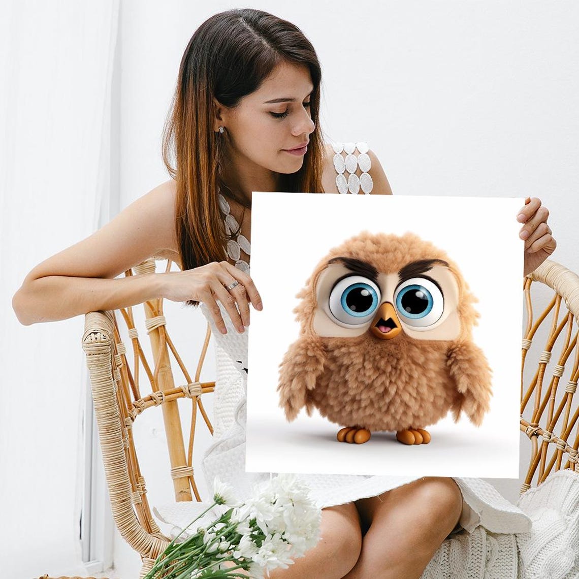 Fluffy Brown Cartoon Owl Big Blue Eyes Cute Kids Wall Art Poster - Image 3