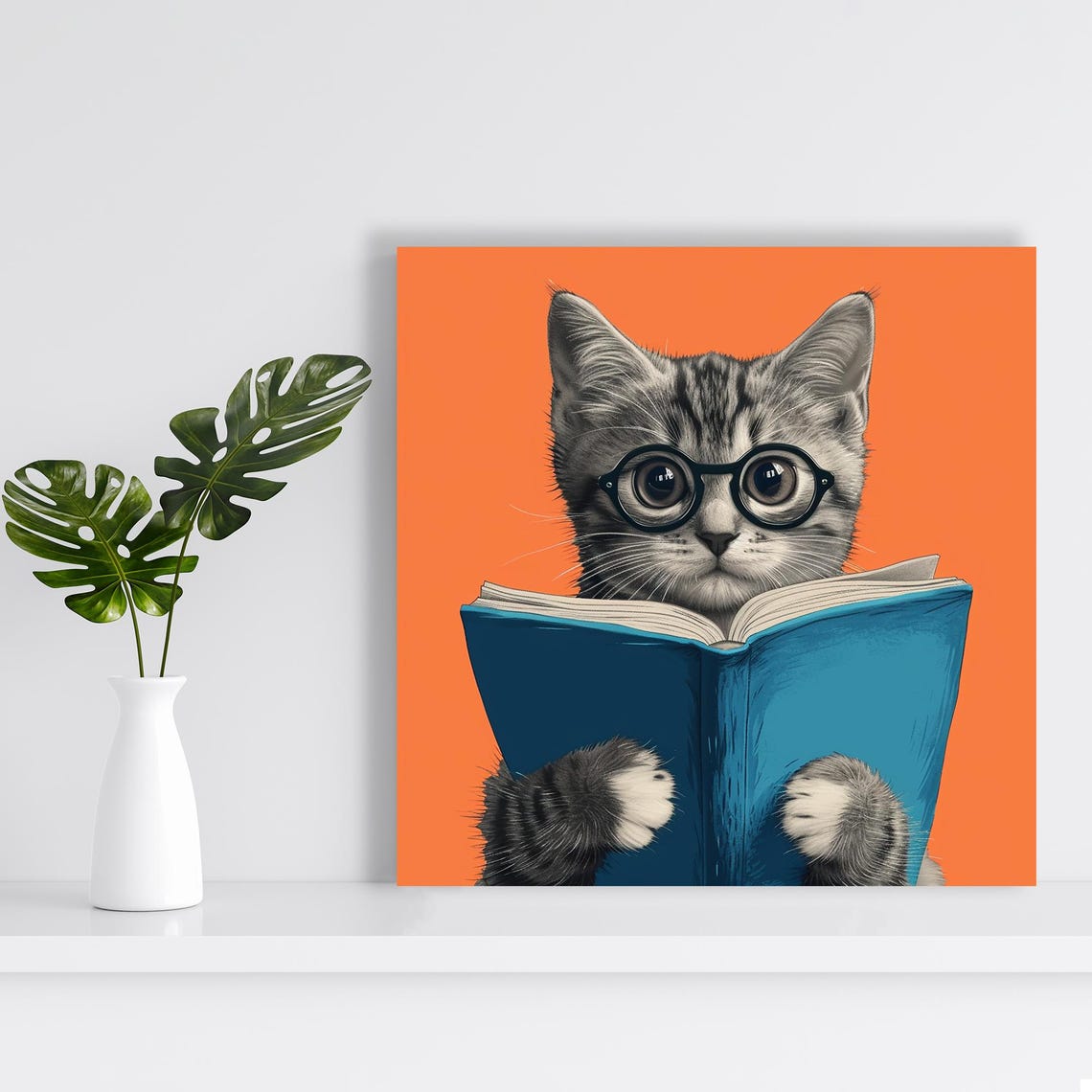 Nerdy Kitten Reading Book Wearing Glasses Cute Library Animal Poster - Image 2