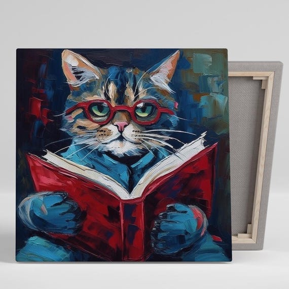 Bookworm Cat Wall Art Or Poster Whimsical Animal Decor Living Room Office Childrens Room Library Wall Art Blue Red Multicolor