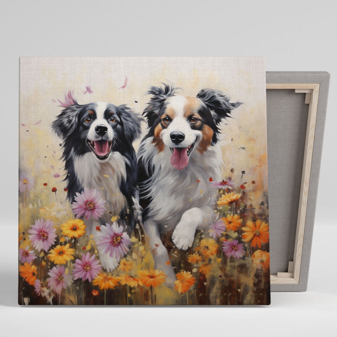 Two Dogs in Floral Fields, Living Room Art Print