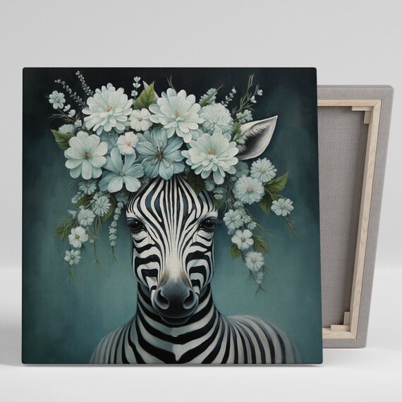 Zebra Flower Crown White Floral Elegant Dark Teal Animal Poster