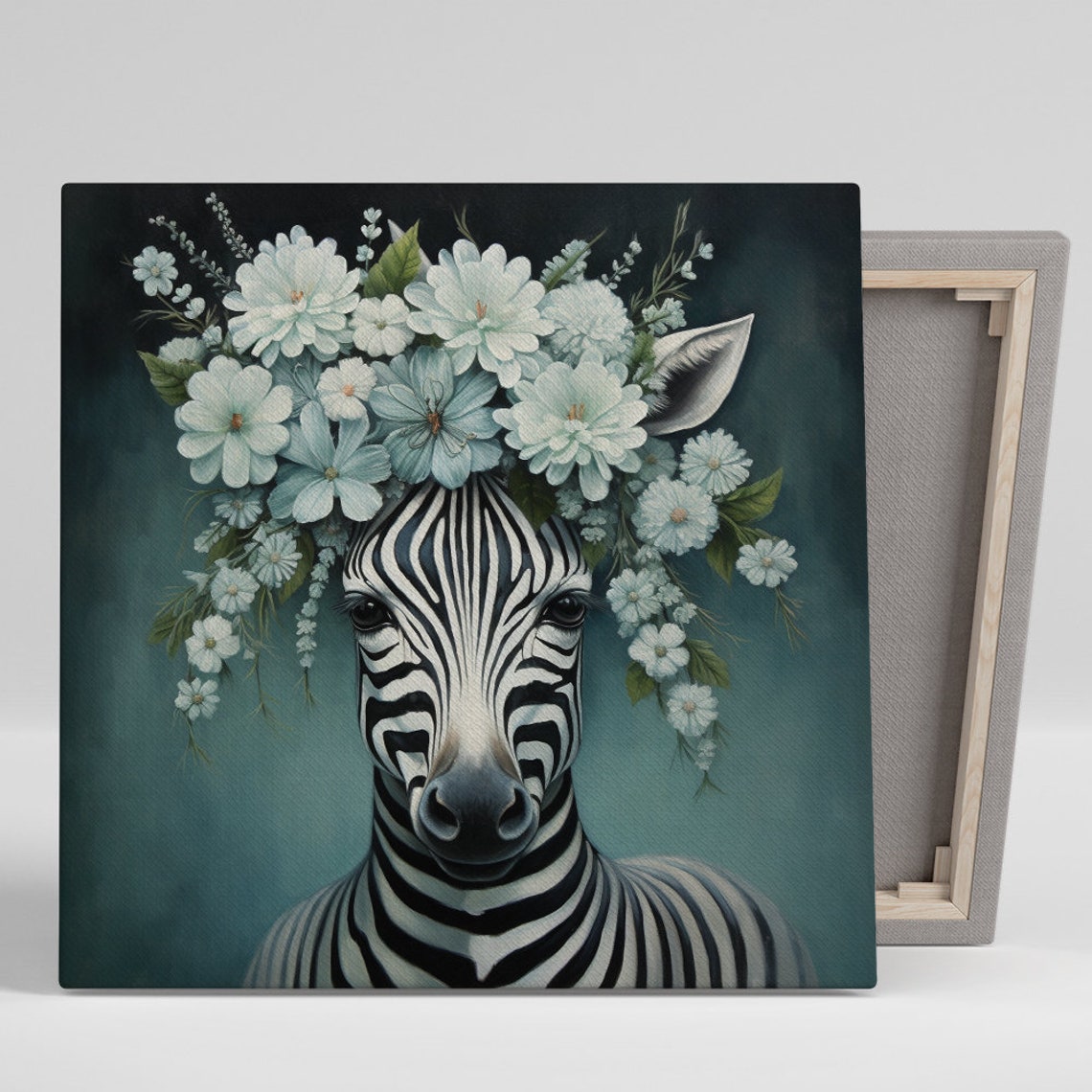Zebra Flower Crown White Floral Elegant Dark Teal Animal Poster