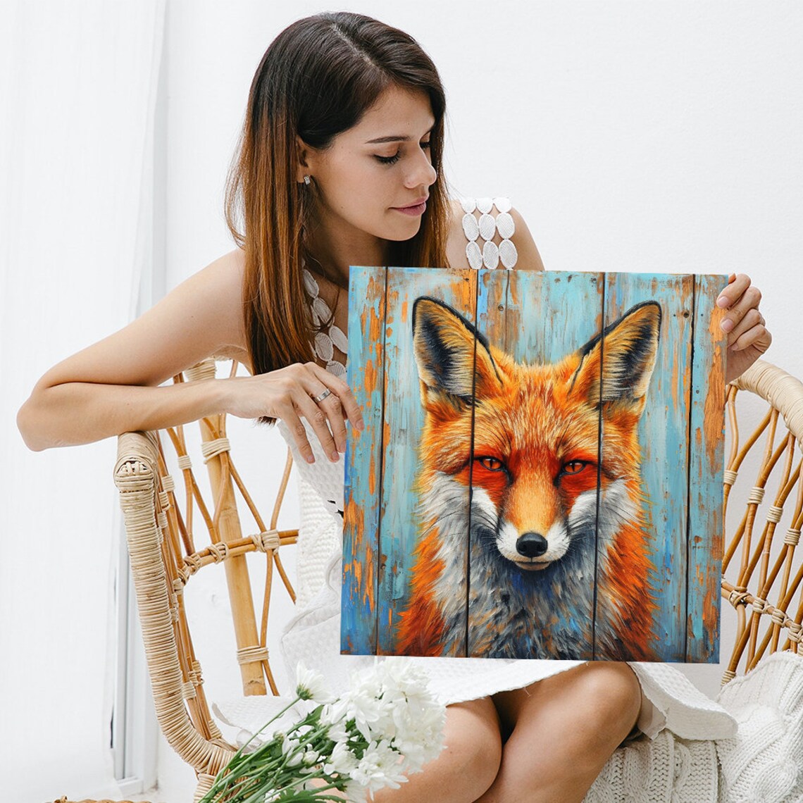 Red Fox Portrait Rustic Blue Wooden Planks Distressed Barnwood Art Poster - Image 3