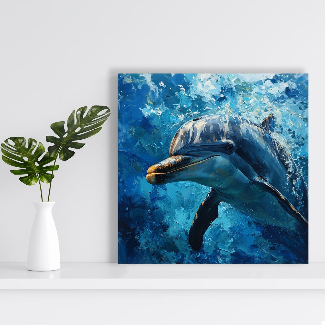 Dolphin Underwater Blue Impasto Oil Painting Ocean Wave Marine Poster - Image 2