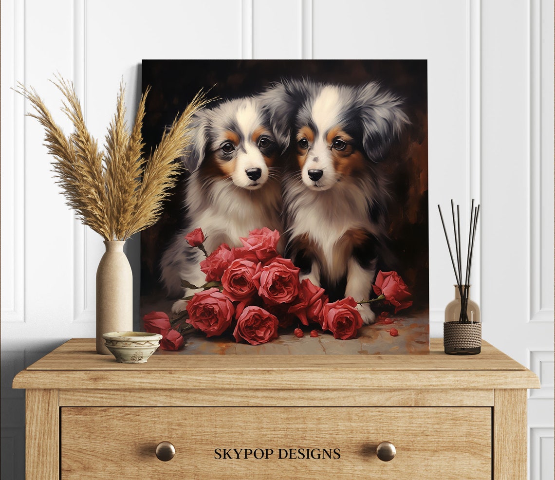 Two Fluffy Puppies With Red Roses Sweet Puppy Portrait Art Poster - Image 2