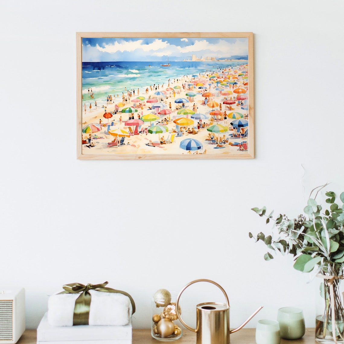 Crowded Summer Beach With Colorful Umbrellas Watercolor Art Poster - Image 3