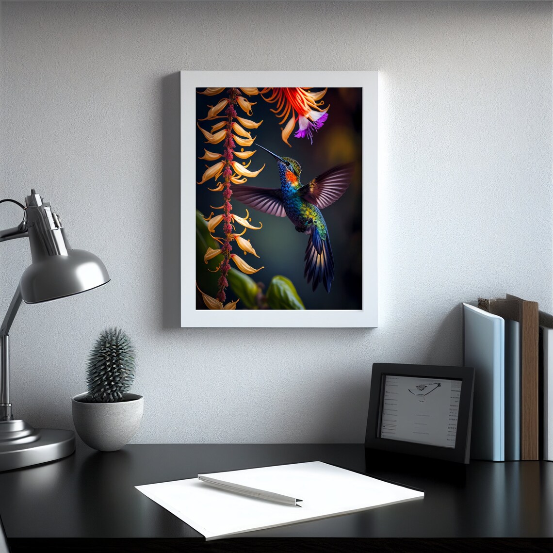 Hummingbird Hovering Among Tropical Flowers Photorealistic Poster - Image 3