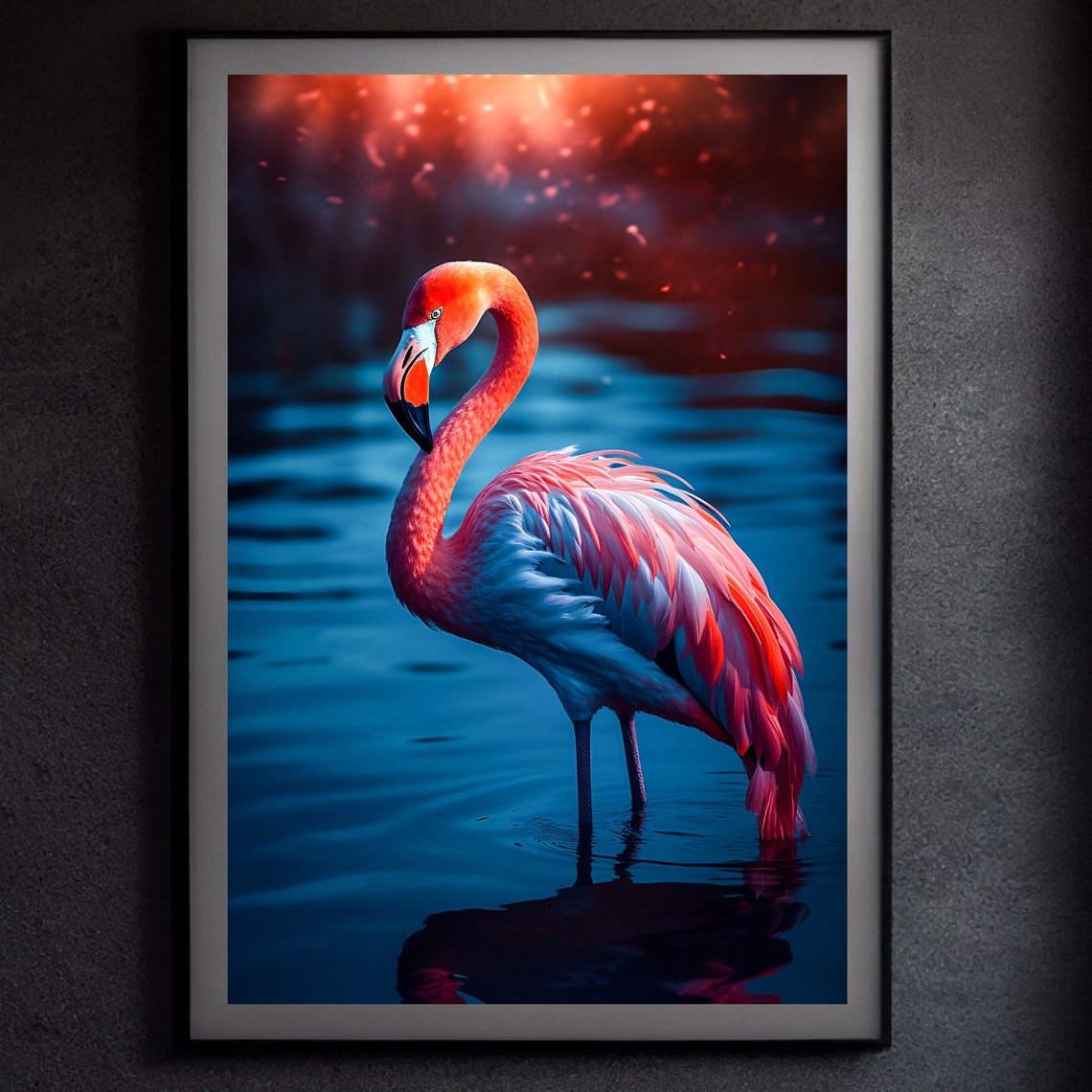 Pink Flamingo Wading Blue Water Sunset Bird Portrait Art Poster - Image 2
