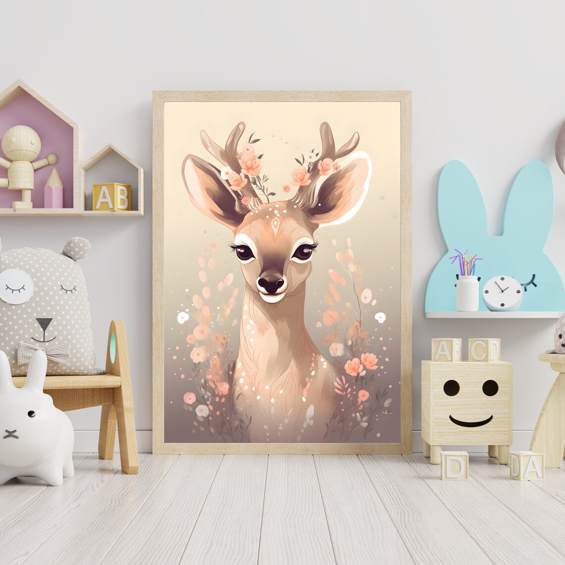 Sweet Baby Fawn with Pink Floral Antlers Nursery Animal Poster - Image 3
