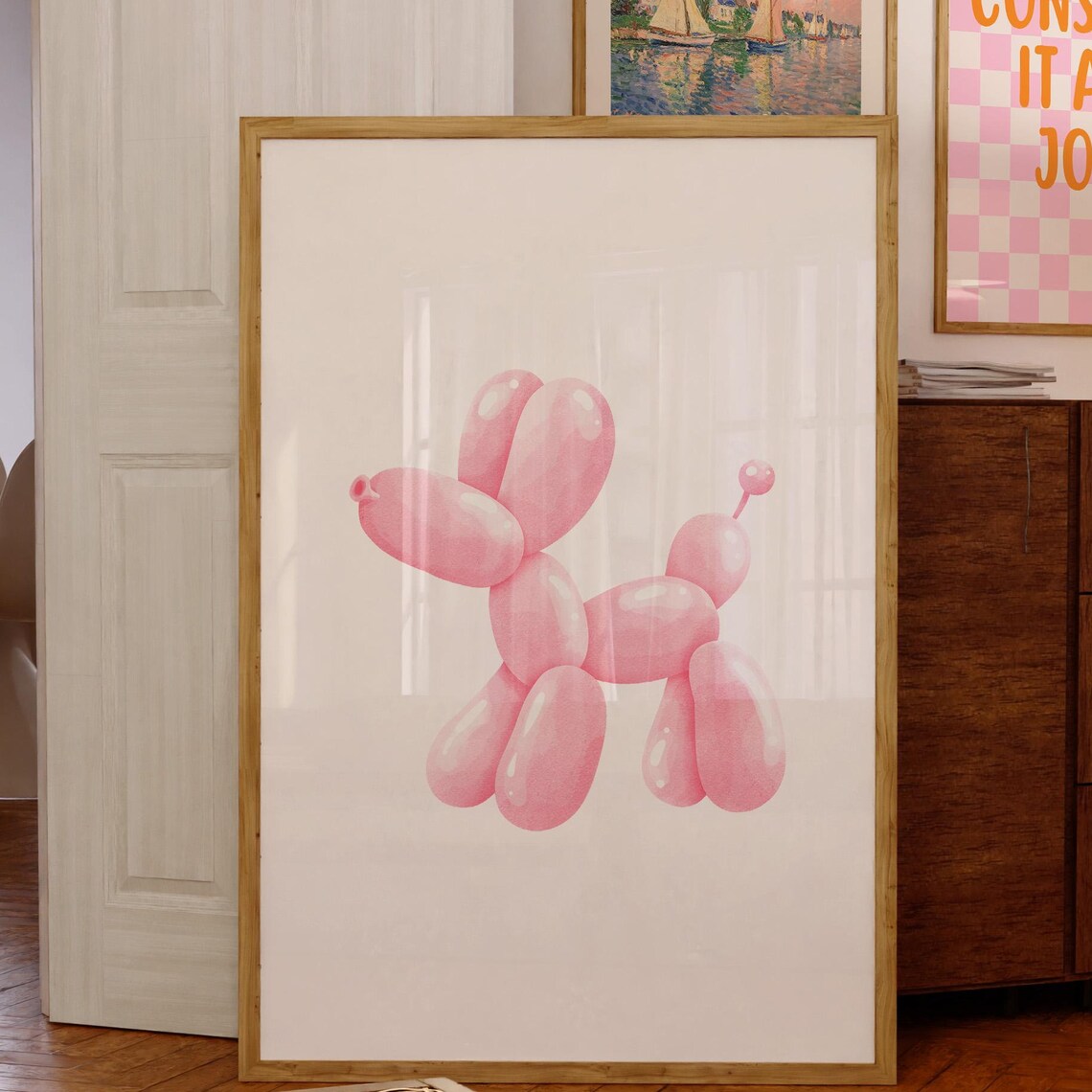 Pink Balloon Dog Art Print, Preppy Bedroom Decor