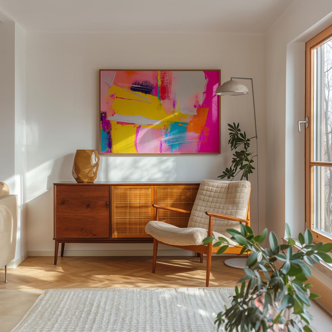 Golden Yellow Coral Pink Teal Expressive Abstract Painting Poster - Image 2