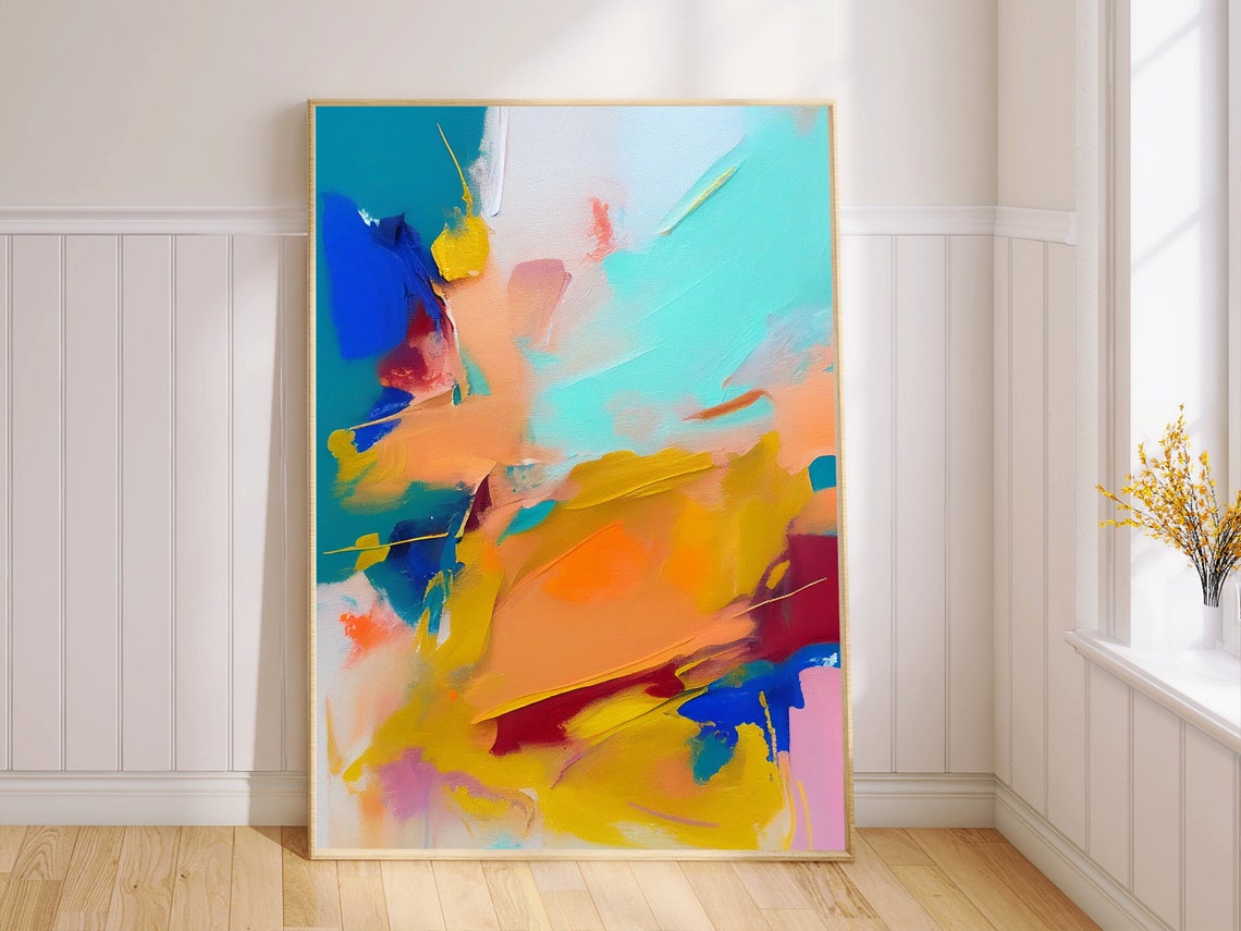 Teal Mustard and Blue Expressive Abstract Modern Brushwork Poster