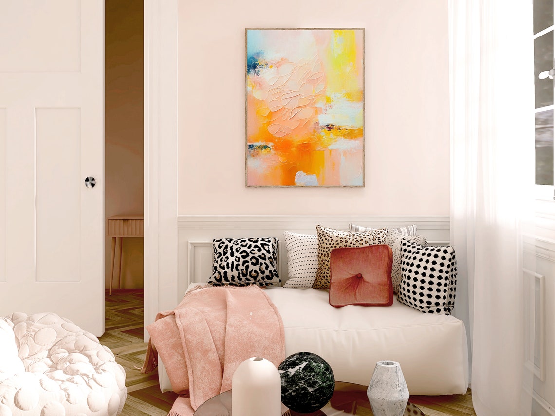 Peach Orange Textured Impasto Floral Relief Abstract Art Poster - Image 2