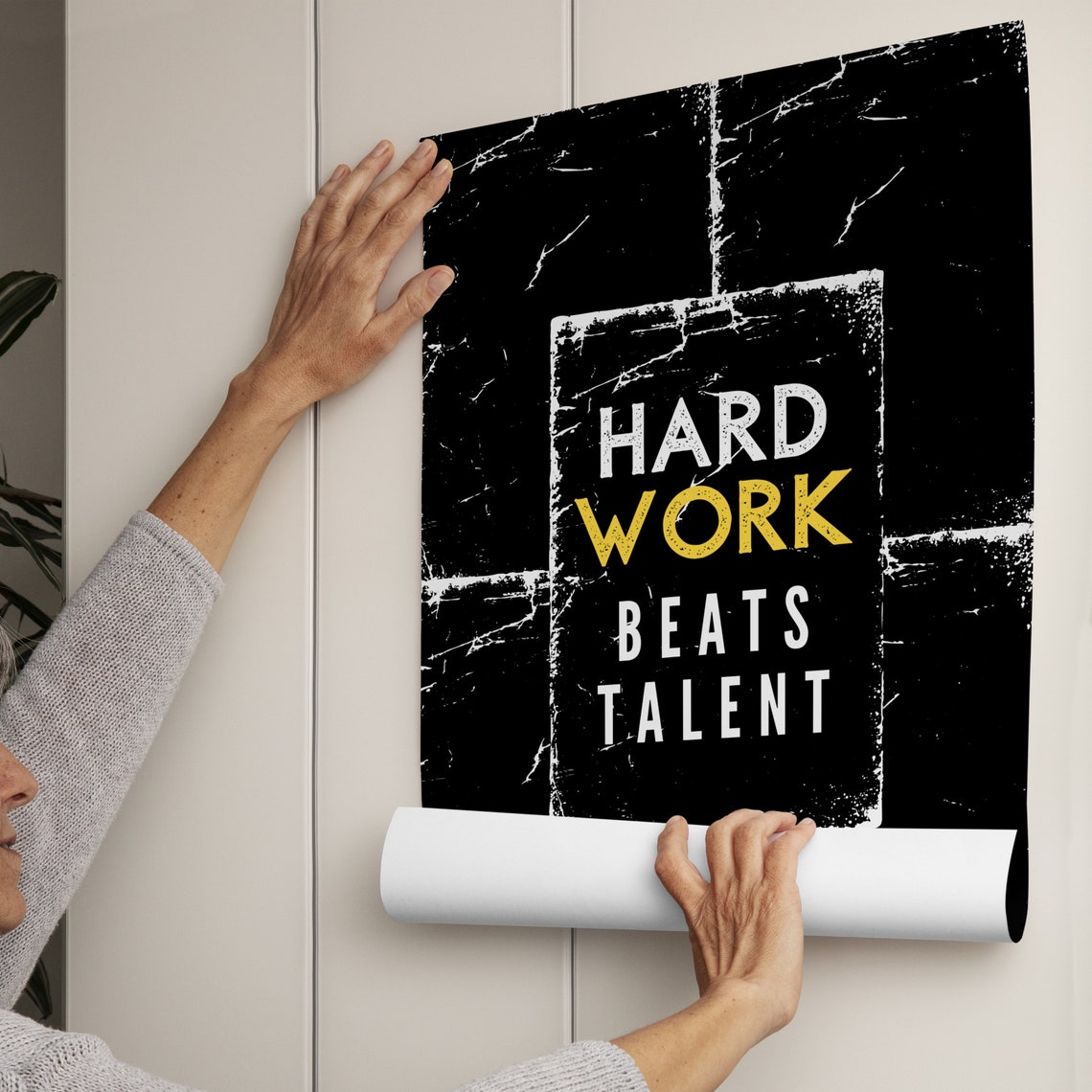 Hard Work Beats Talent Grunge Gold Accent Black Quote Wall Art - Image 2