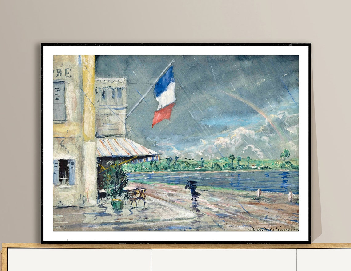 Stormy French Cafe In The Rain Flag Lakeside Watercolor Art Poster - Image 2