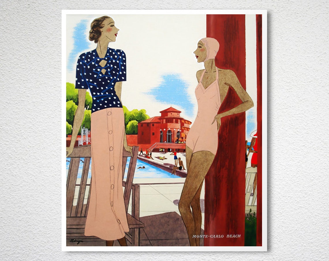 Monte Carlo Beach Riviera Elegant Ladies Art Deco Travel Poster - Image 2