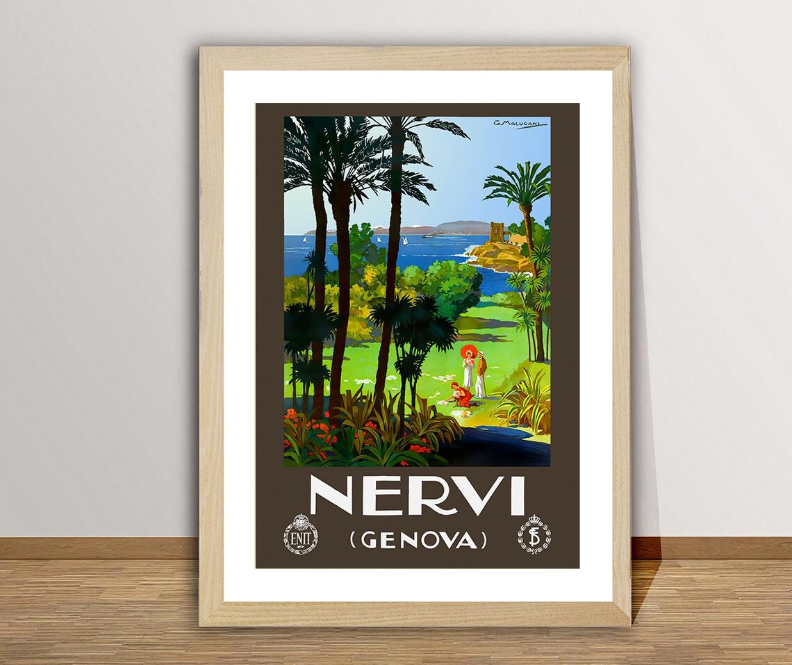 Nervi Genova Italy ENIT Palm Garden Sea Vintage Travel Poster