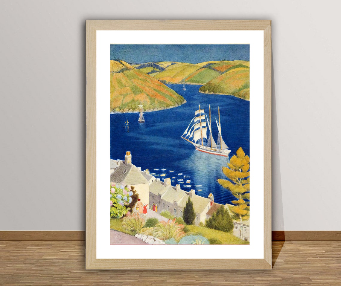 Coastal Harbor Tall Ship Sailing Boats Hills Seaside Vintage Art Print - Image 2