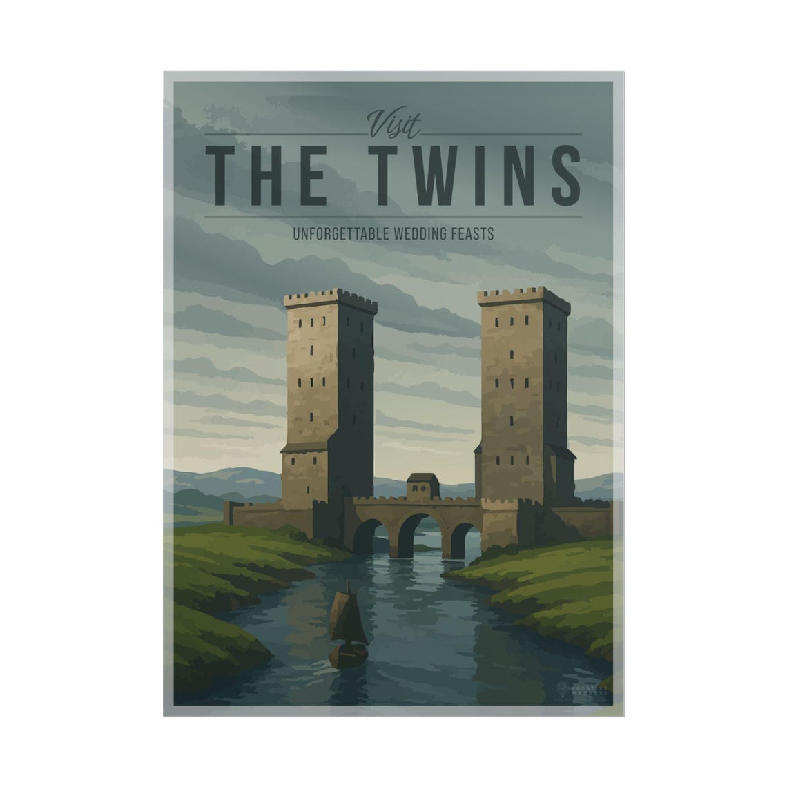 The Twins Fantasy Travel Poster Featuring Twin River Castle Towers