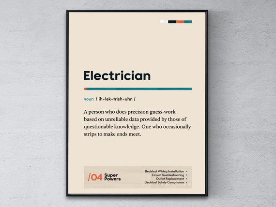Electrician Definition Poster Graduation Print Funny Modern Office Gift Electric Technician Coworker Wall Art