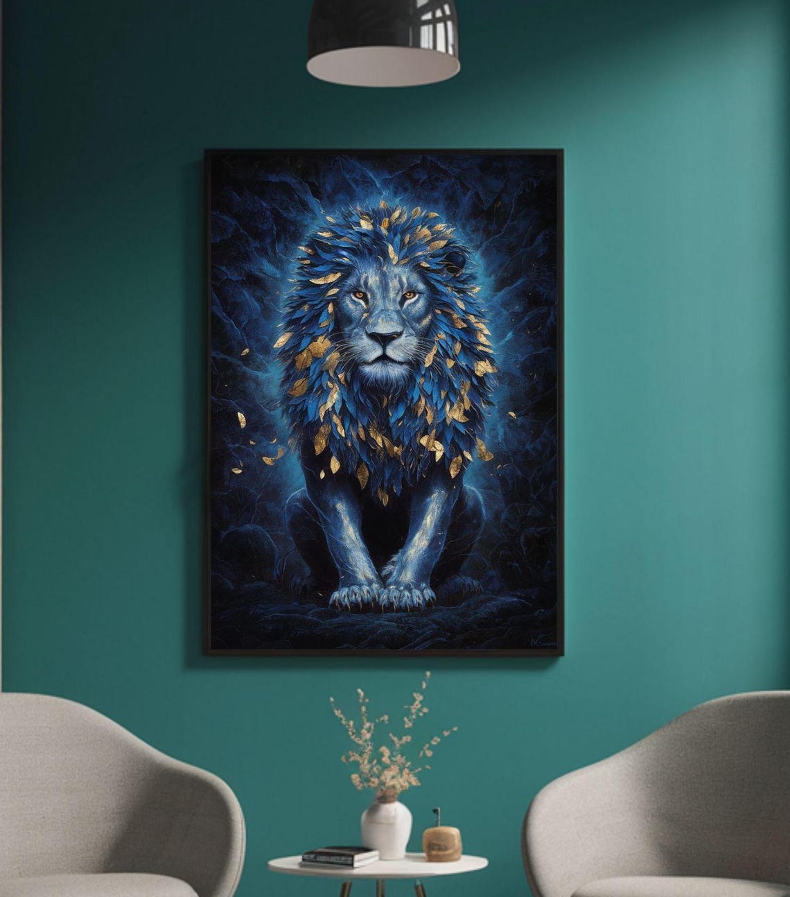 Midnight Blue Lion Golden Leaf Mane Wildlife Portrait Poster