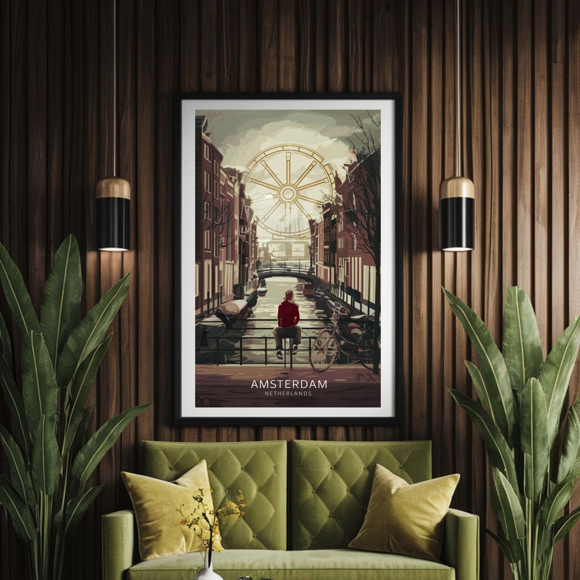 Amsterdam Canal Bridge Bicycle Netherlands Vintage Travel Poster