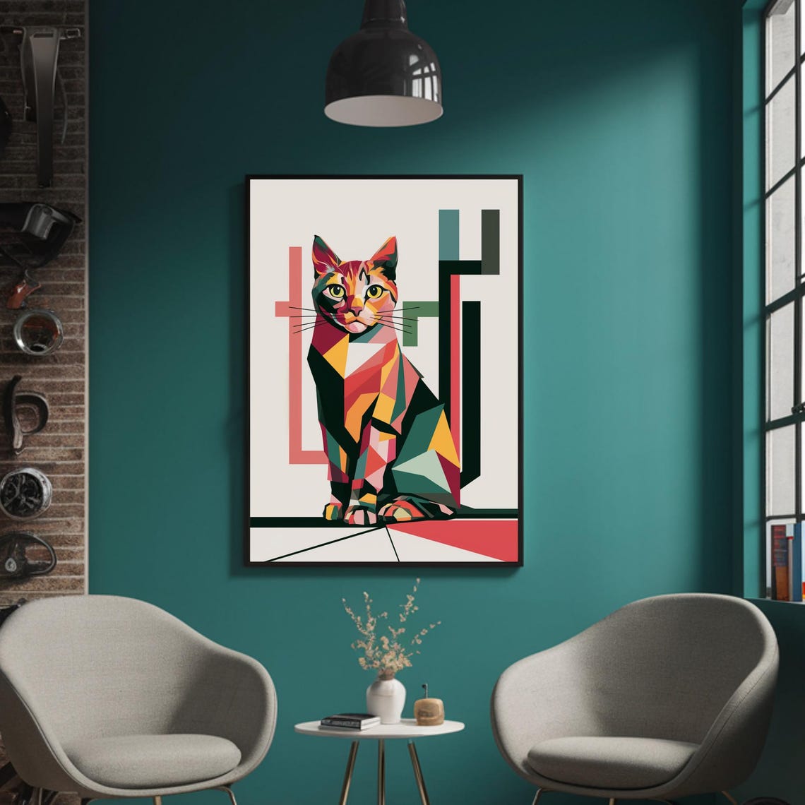 Modern Geometric Cat Wall Art Minimalist Animal Design Cat Illustration Abstract Geometric Shapes Decor - Image 3