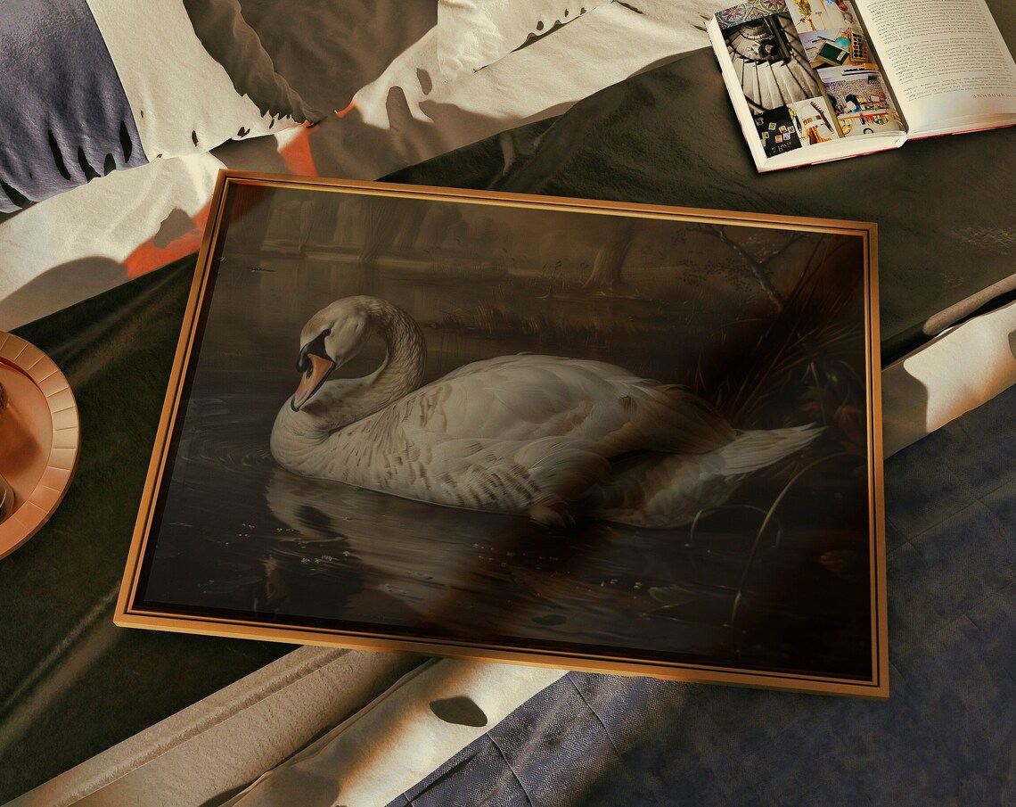 White Swan Gliding on Dark Water Moody Elegant Bird Painting Poster