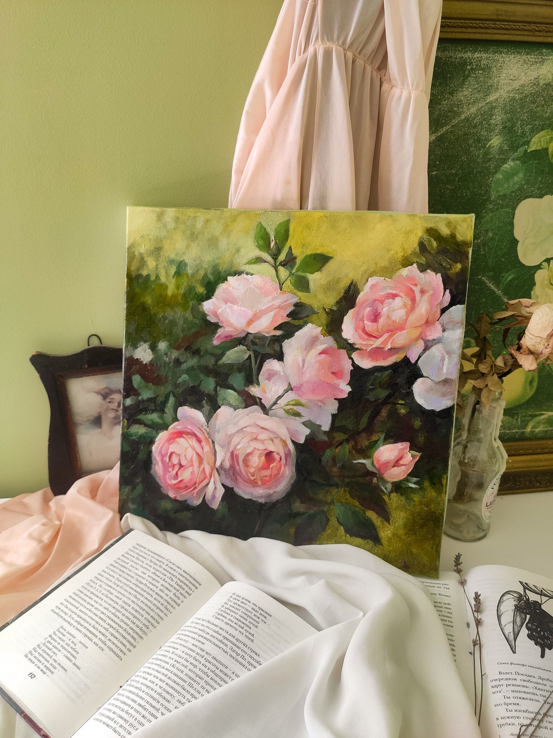 Blush Pink Roses in Bloom Painterly Floral Still Life Poster