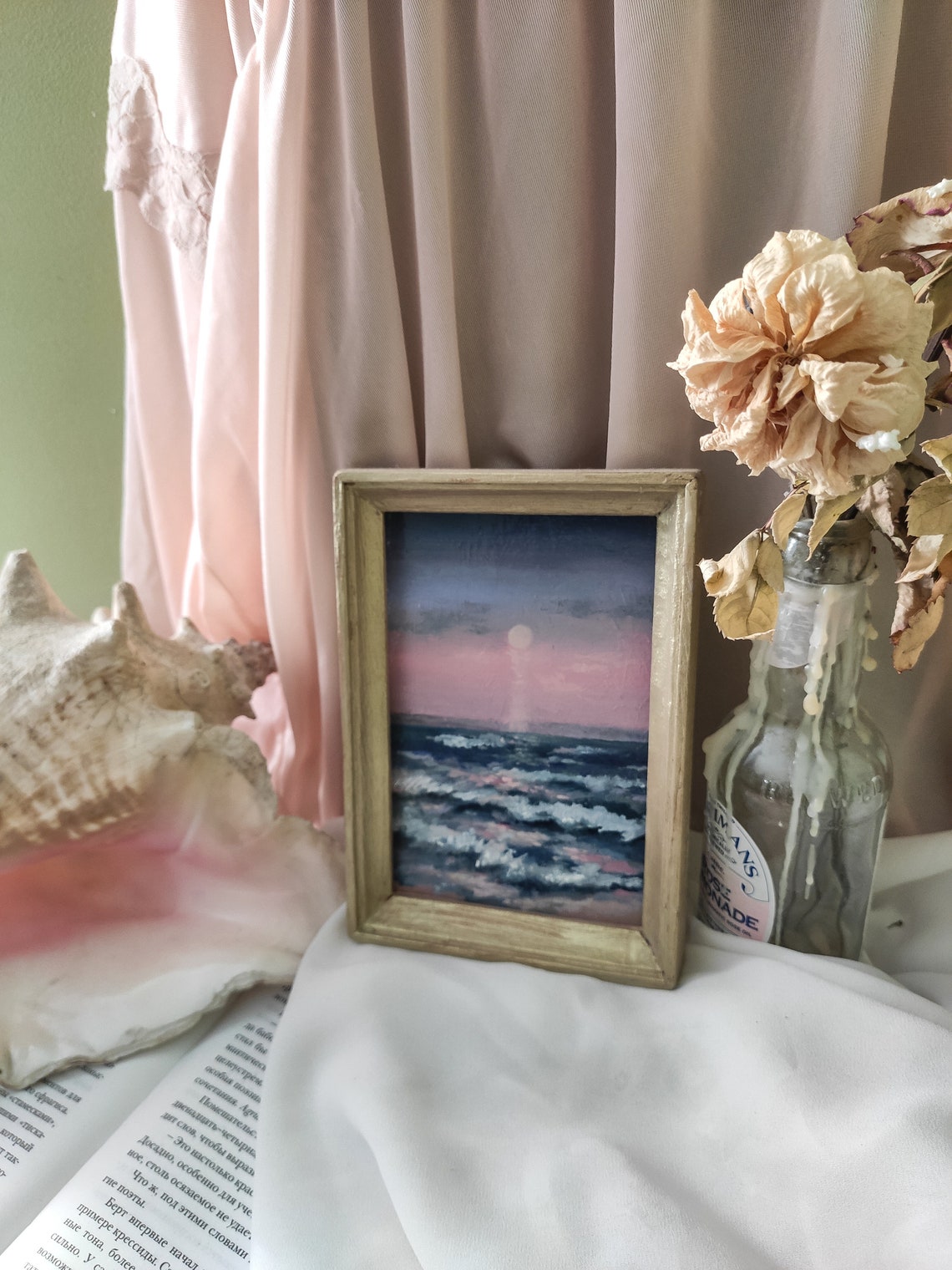 Moonlit Ocean Waves Pink Sunset Seascape Mini Artwork Poster - Image 4